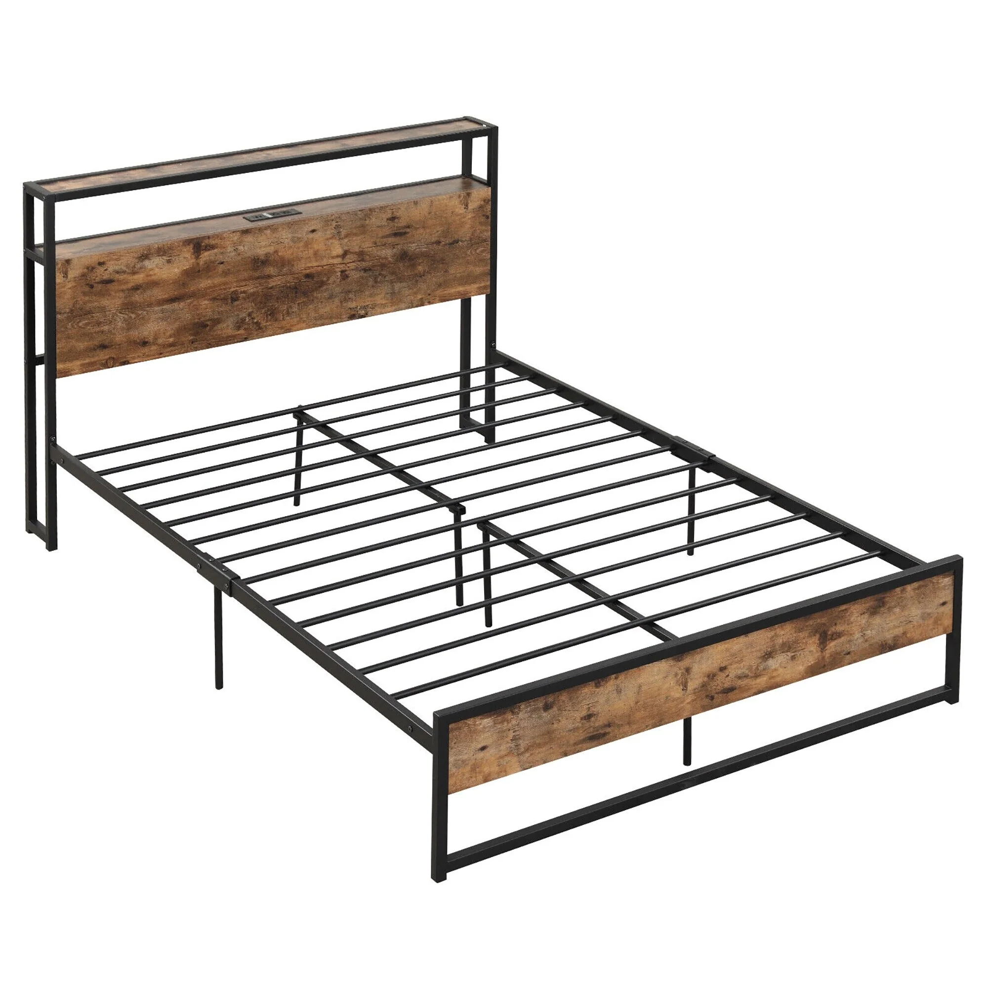 Gymax Full Size Industrial Platform Bed Frame with Charging Station