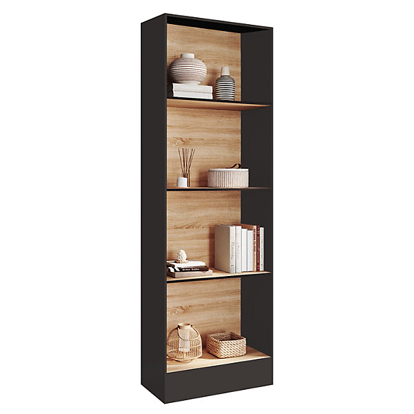 Etagère bibliothèque CARLA 5 niveaux noir et effet bois 190 cm