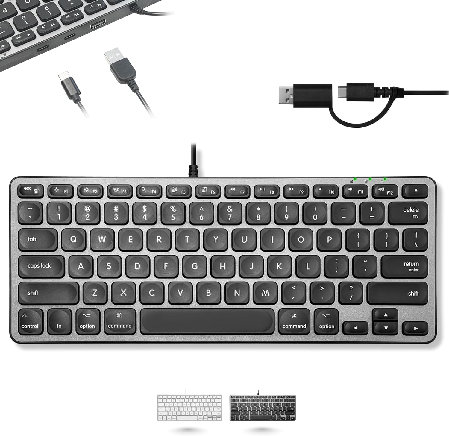 Macally Wired Keyboard for Mac with USB Hub (2X USBC / 1x USBA) - Compatible Small Apple Keyboard with 2 in 1 USB Plug - for MacBook Pro/Air, Mac mini, iMac
