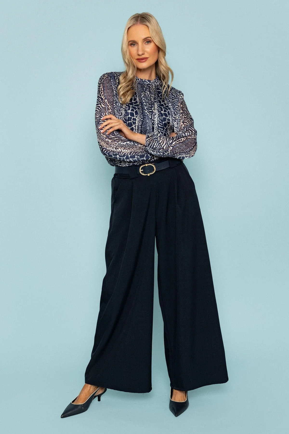 Navy Printed Lurex Long Sleeve Top