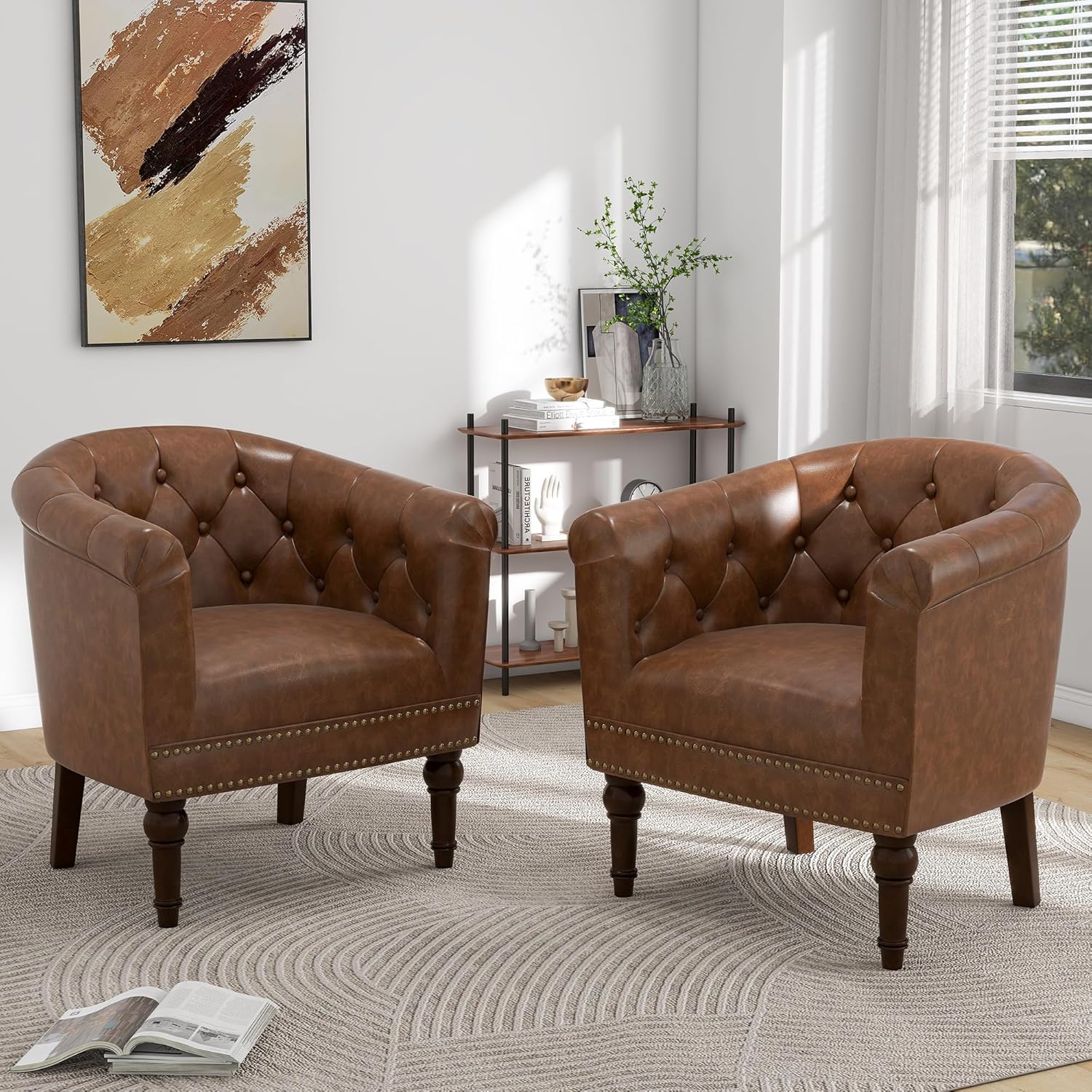 Pia Ricco Faux Leather Barrel Accent Chair, Comfy Club Armchair with Solid Wood Legs, Nailhead Trim Upholstered Single Sofa Chair for Living Room Bedroom/Reading Room, Tan, Set of 2