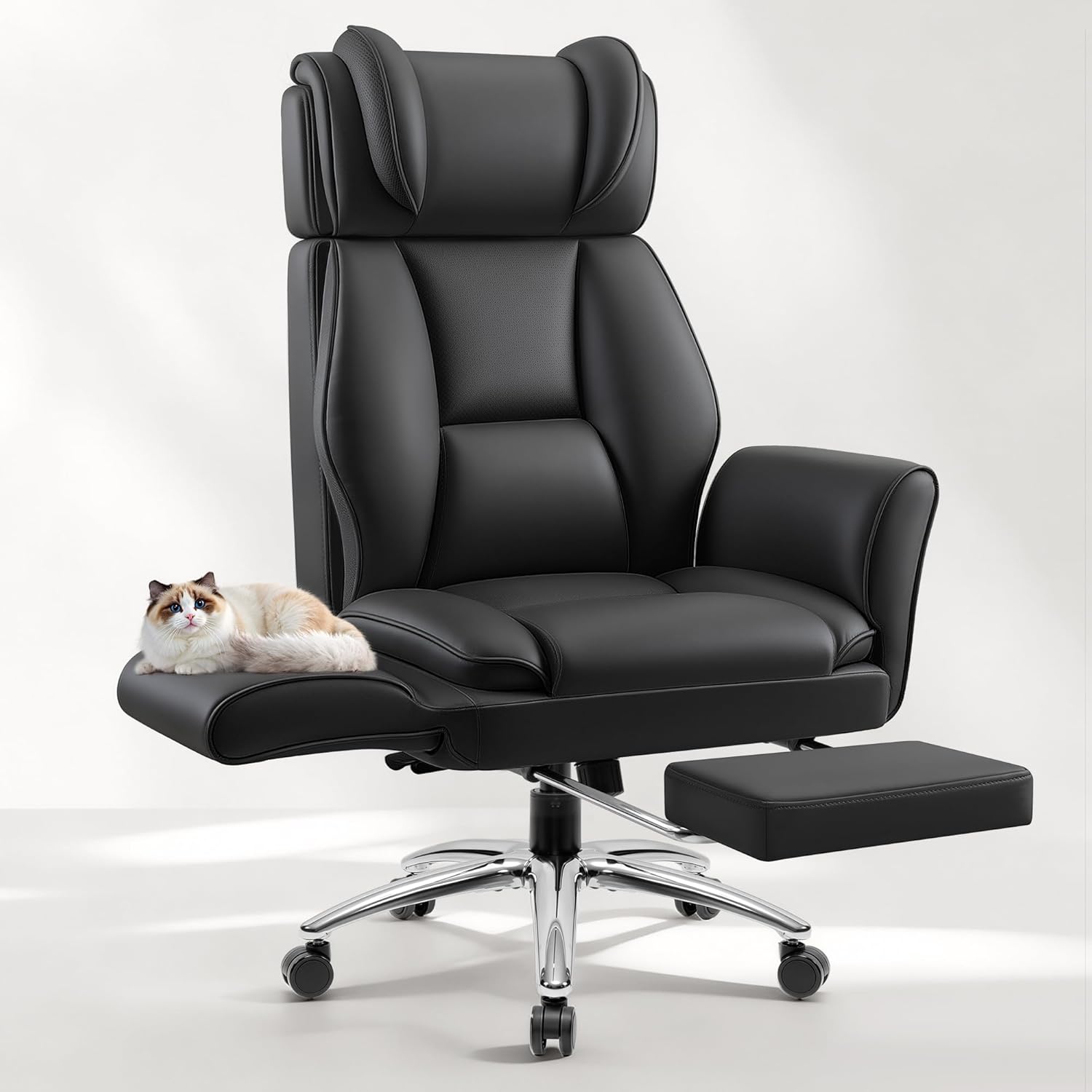 Big and Tall Office Chair, Flip Armrests for Pets & Cross Legged Sitting, Ergonomic Leather Executive Desk Chair with Foot Rest, High-Back Reclining Computer Chairs for Office Home Game - Black
