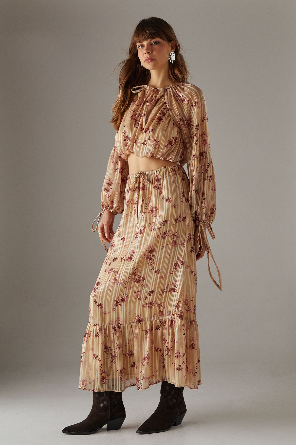 Warehouse Shadow Stripe Drawstring Waist Tier Maxi Skirt