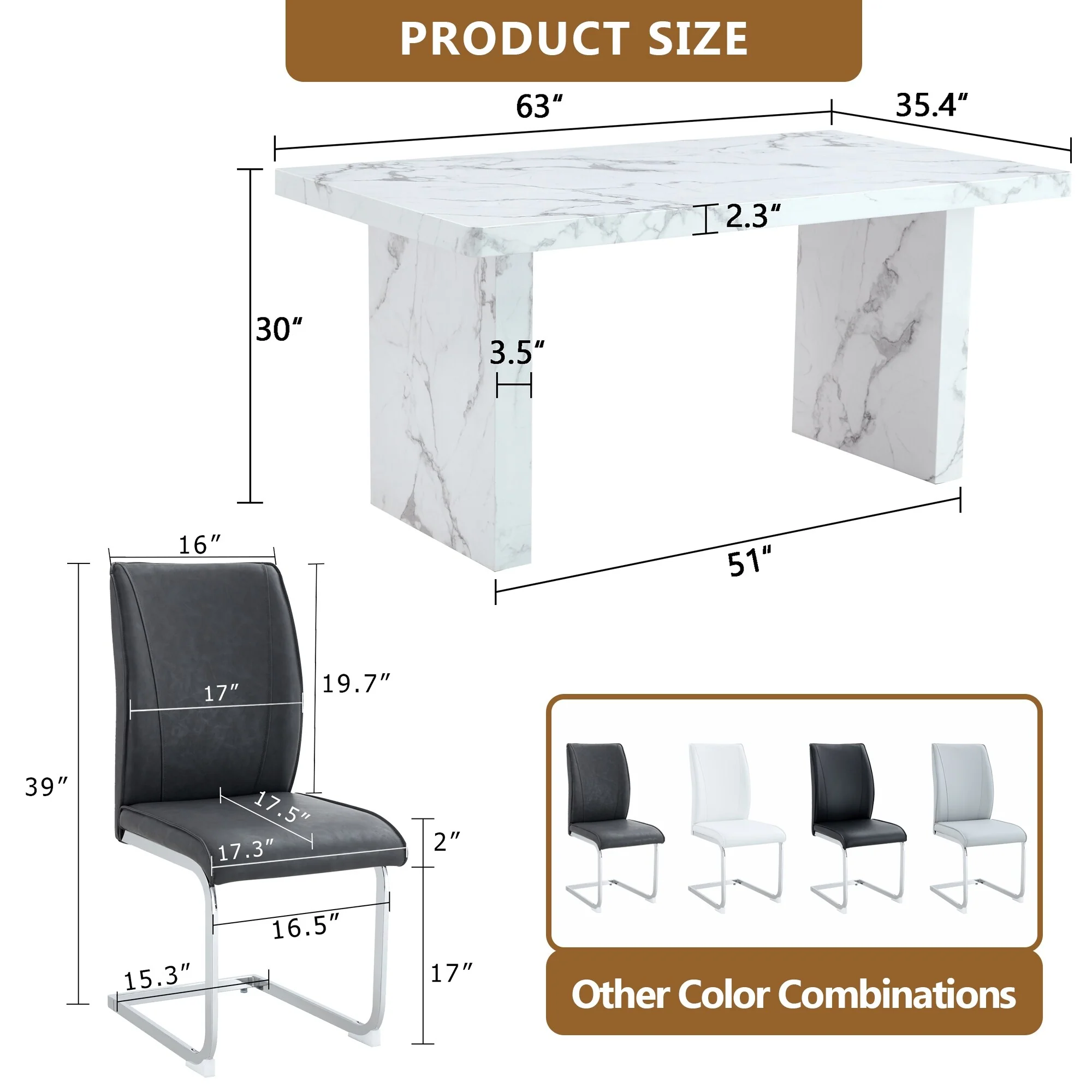 Table and chair set, Imitation Marble Pattern MDF Dining Table Set - 4 Soft and Comfortable PU Chair With Arched Metal Leg