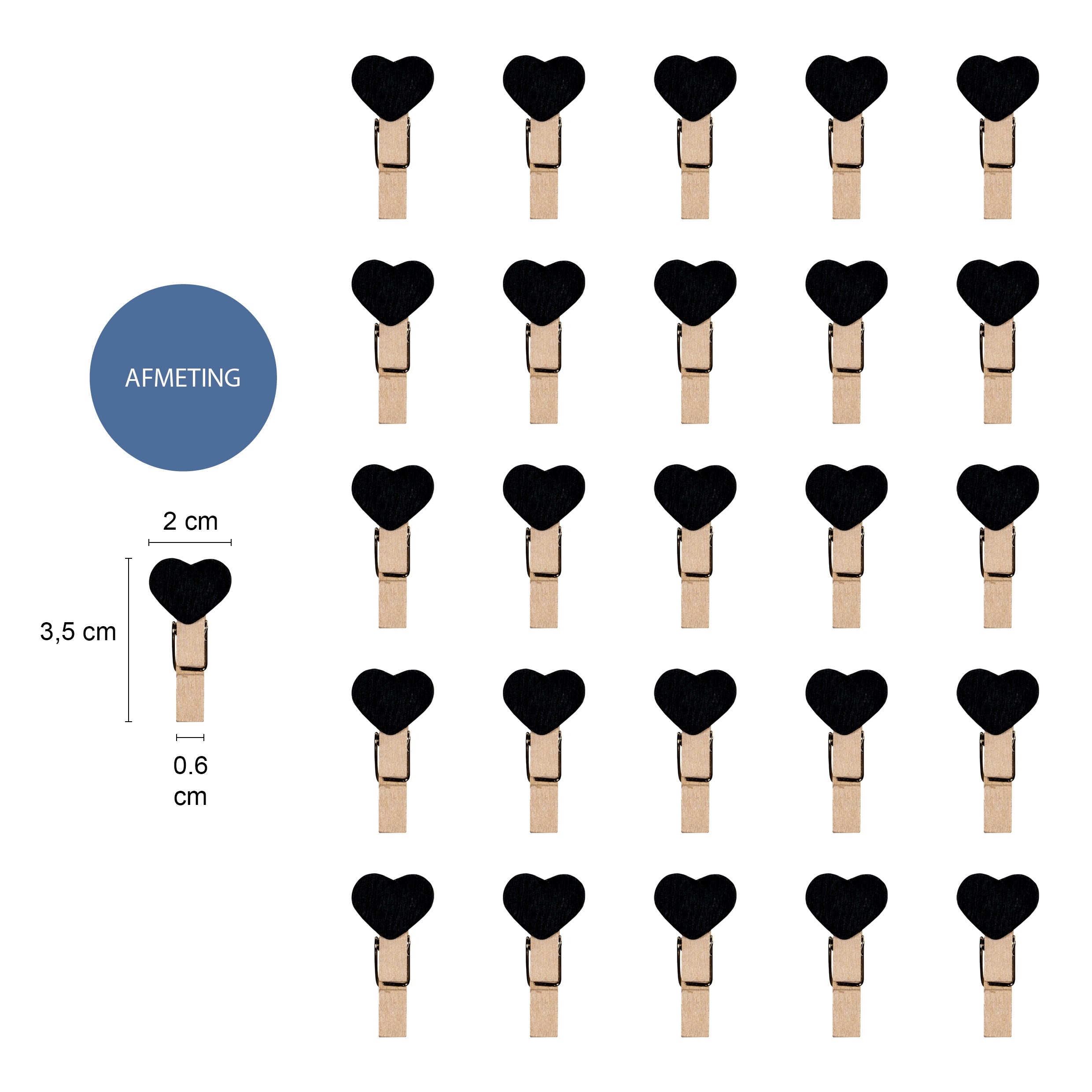 QUVIO Wasknijpertjes hout met hartje 25 stuks - Zwart