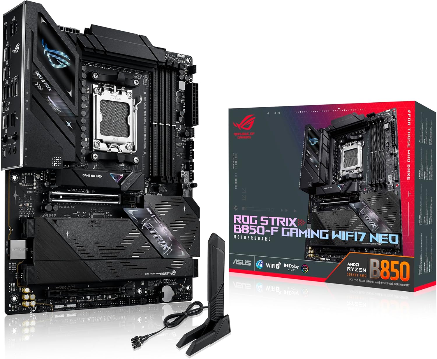 ASUS ROG Strix B850-F GAMING WIFI7 NEO, AMD ATX motherboard, 16+2+2 power stages, DDR5 slots, four M.2 slots, PCIe? 5.0, three USB 2.0 headers, USB 20Gbps Type-C?, WiFi 7, Realtek 5G and Aura Sync RGB