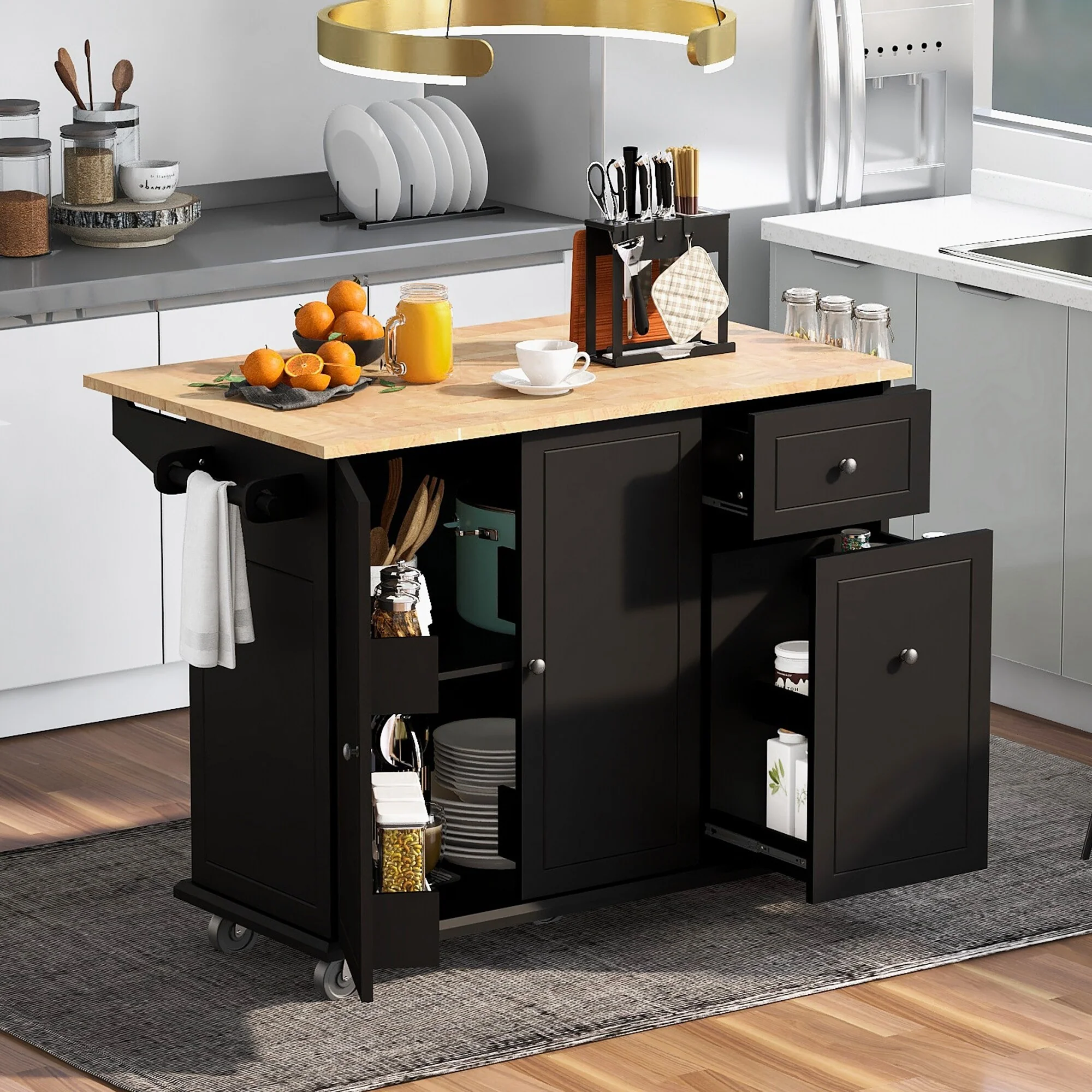 53.9 Kitchen Island with Drop Leaf & Internal Storage Rack, Mobile Large Kitchen Cart with 3 Tier Pull Out Cabinet Organizer