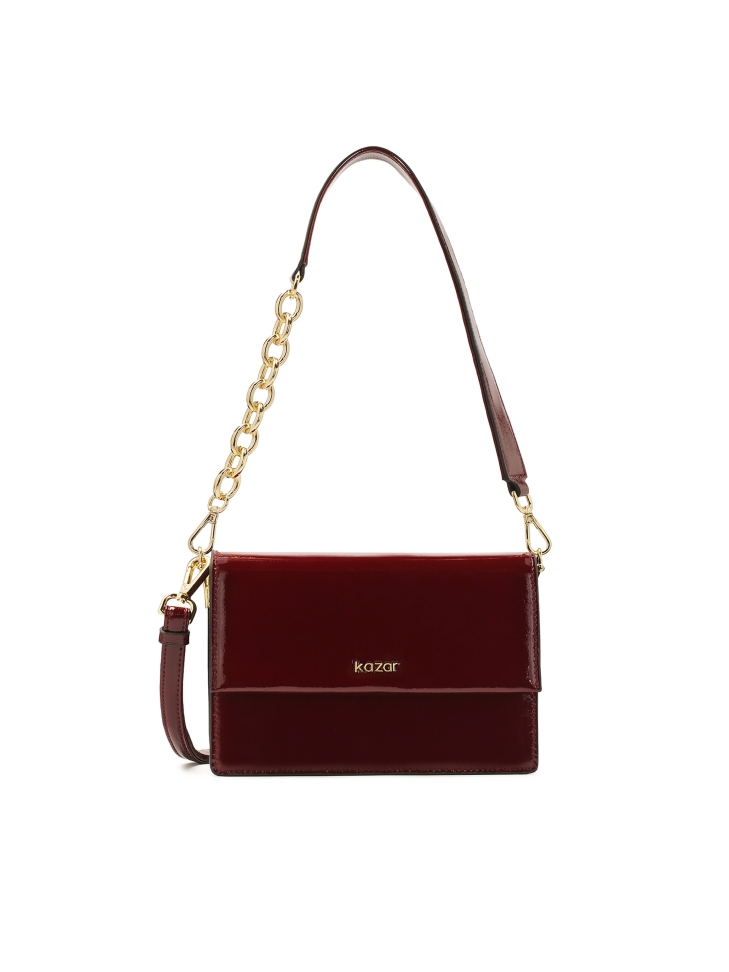 Maroon handbag with flap and chain strap