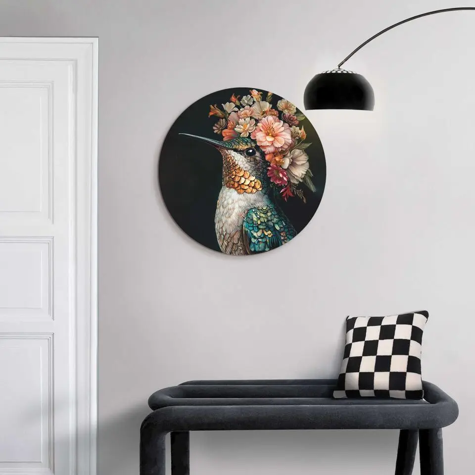 Glasschilderij Kolibrie met bloemenkroon - &Oslash; 50 - Bont