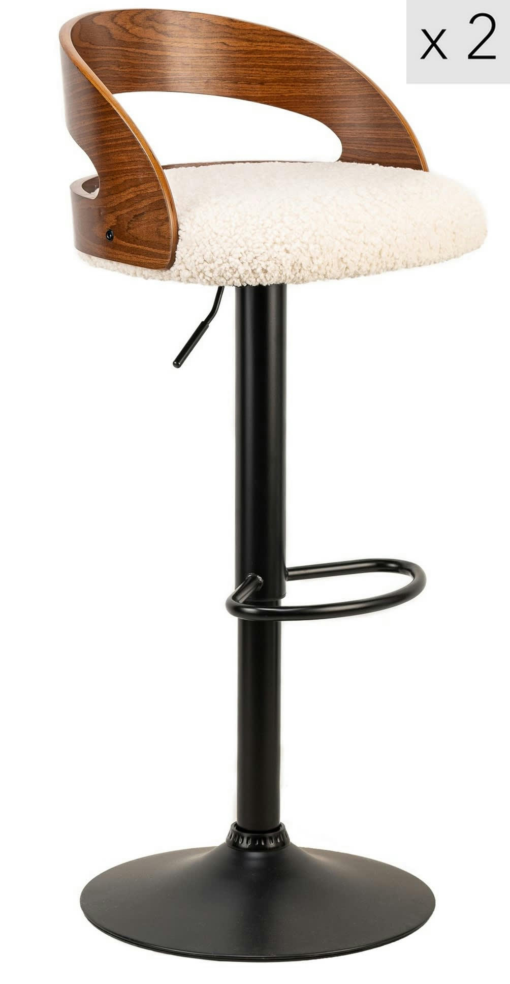- Lot de 2 tabourets de bar en frêne et bouclettes blanches