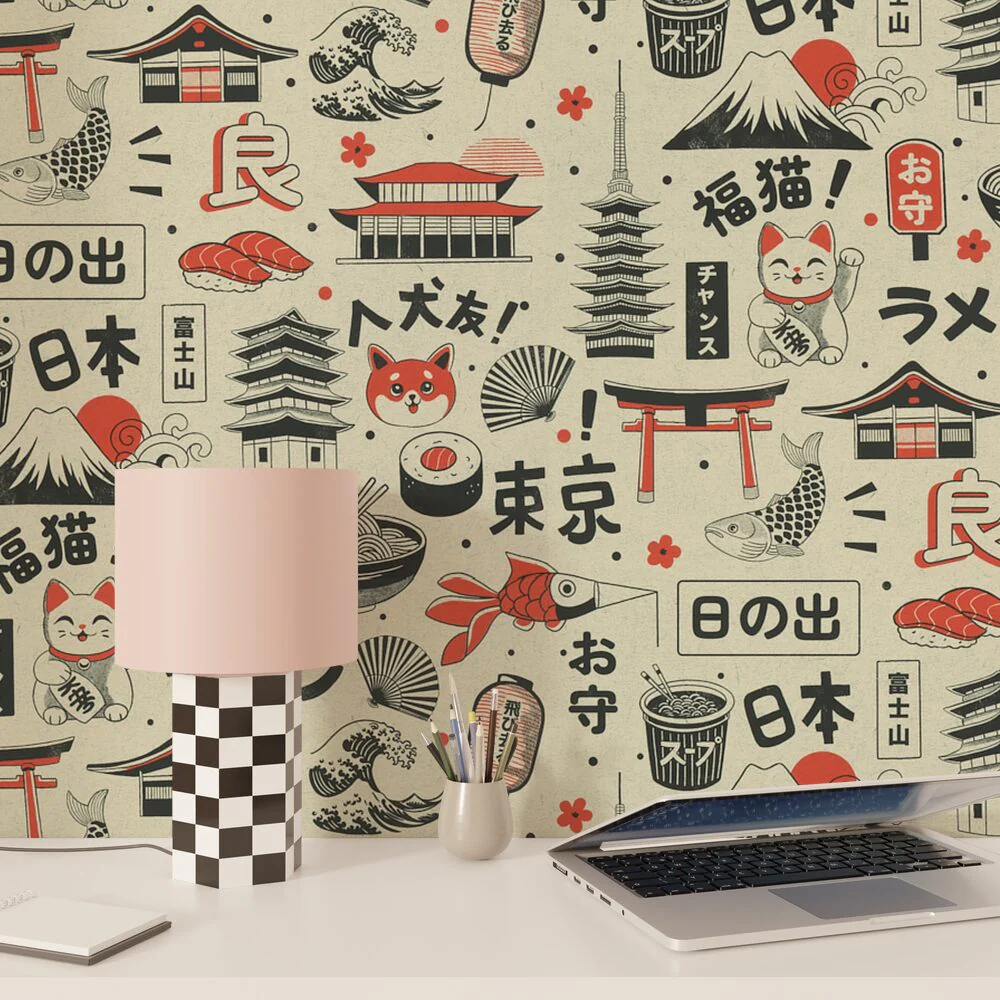 4MURS Papier peint intissé KAWAII noir et rouge orangé