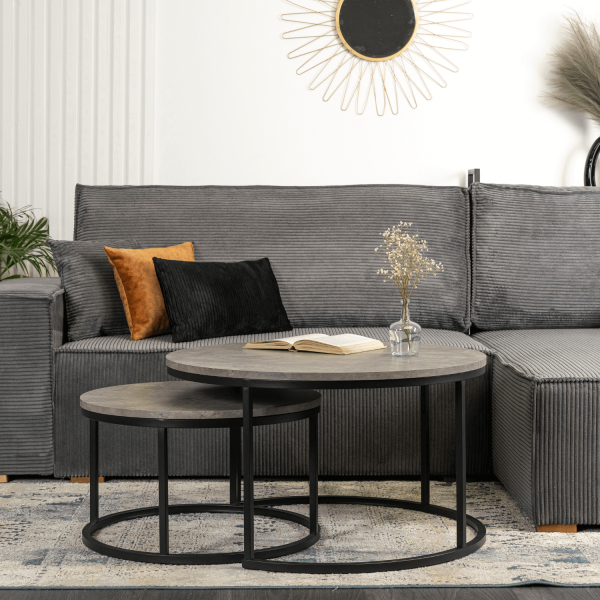 Zestaw Stolik Kawowy Okrągły 2w1 Ława Do Salonu Loft Beton Czarny ROCKY MAX