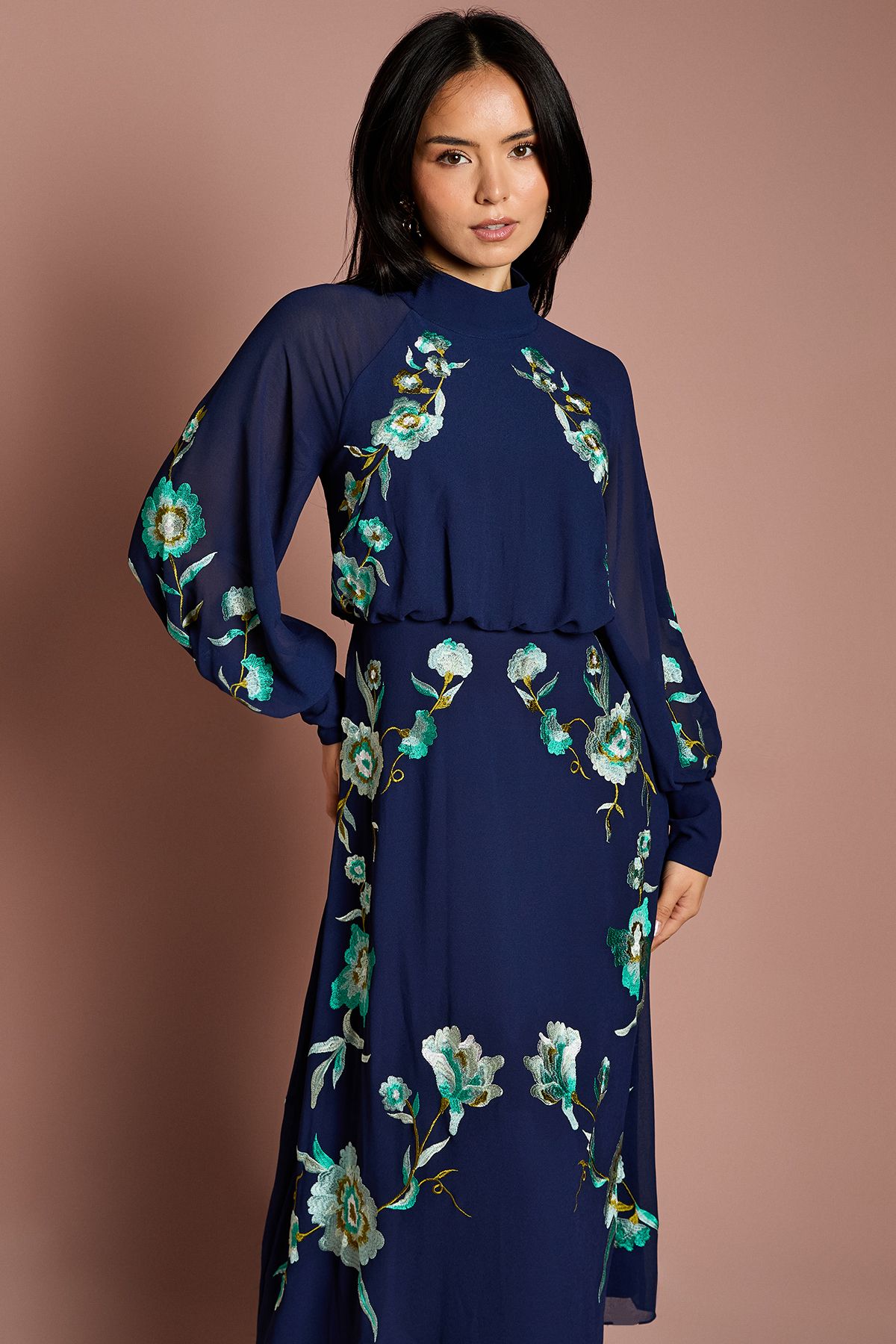 Coast Petite High Neck Long Sleeve Floral Embroidered Midi Dress