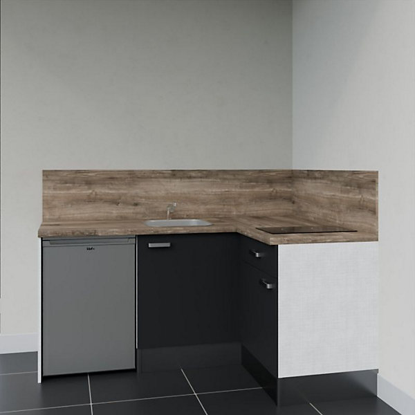 Kitchenette KA01 façades Noir - Plan de travail Bois - Crédences : Oui - Evier inox - Electroménager Inox inclus