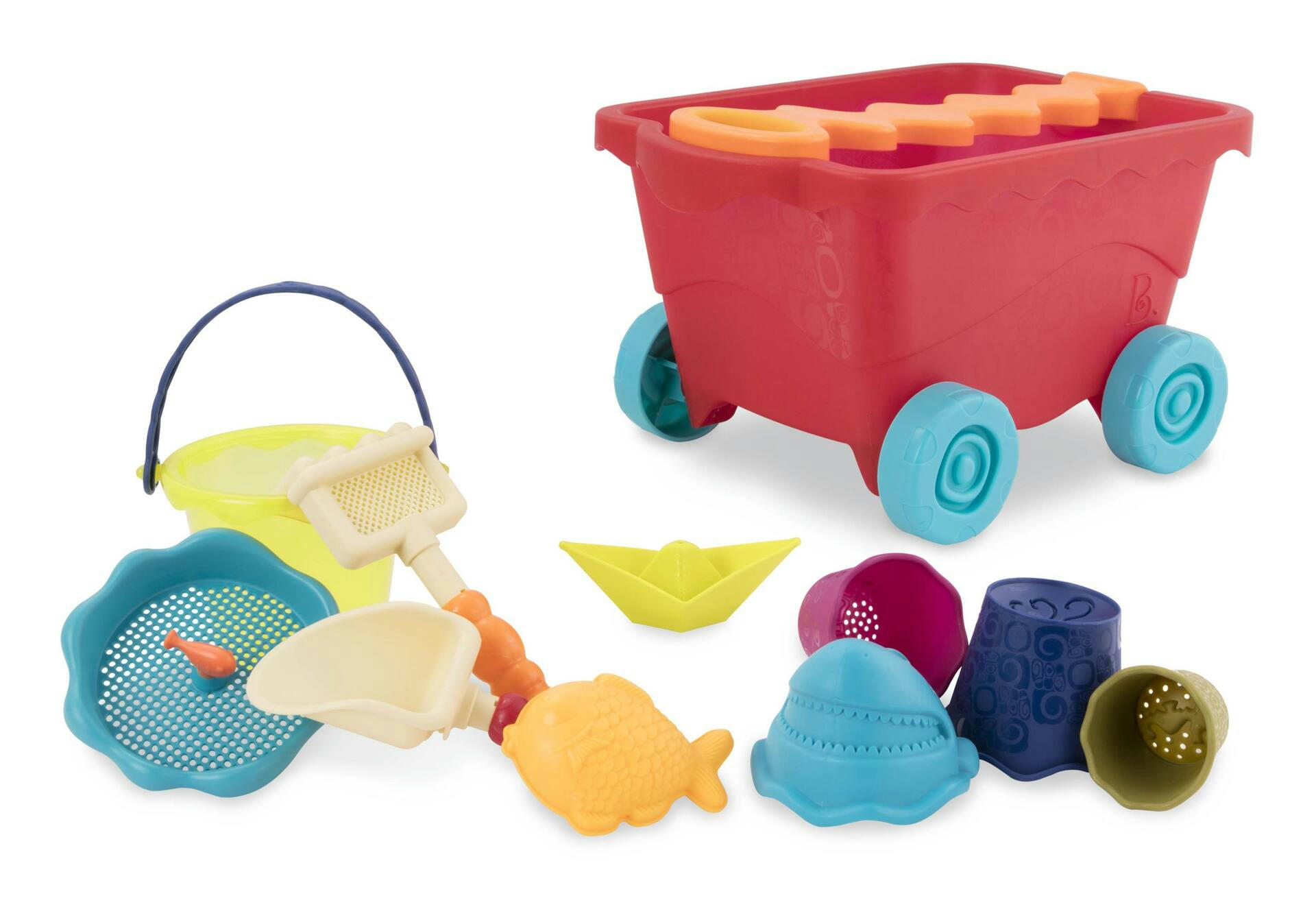 Wavy-Wagon Kids' Beach Sand Toy Play Set w/ Bucket, Sieve, Molds, Shovel & Rake, Age 18m+