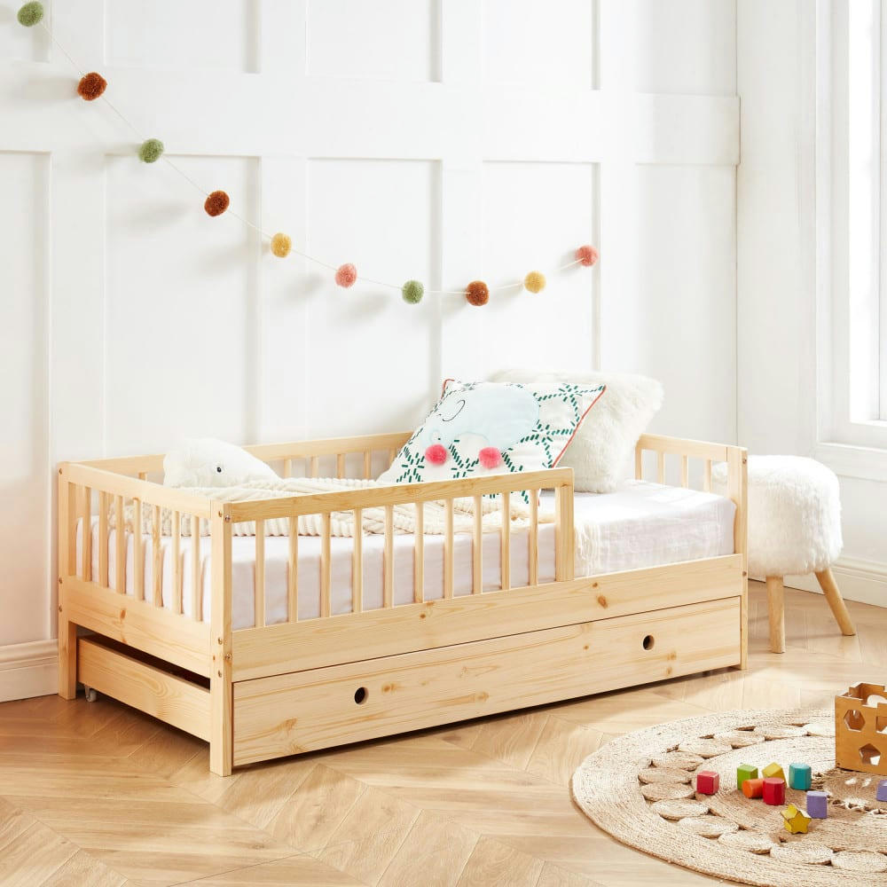 SASHA - Cadre de lit pour enfant en bois massif avec tiroir 70x140cm bois clai
