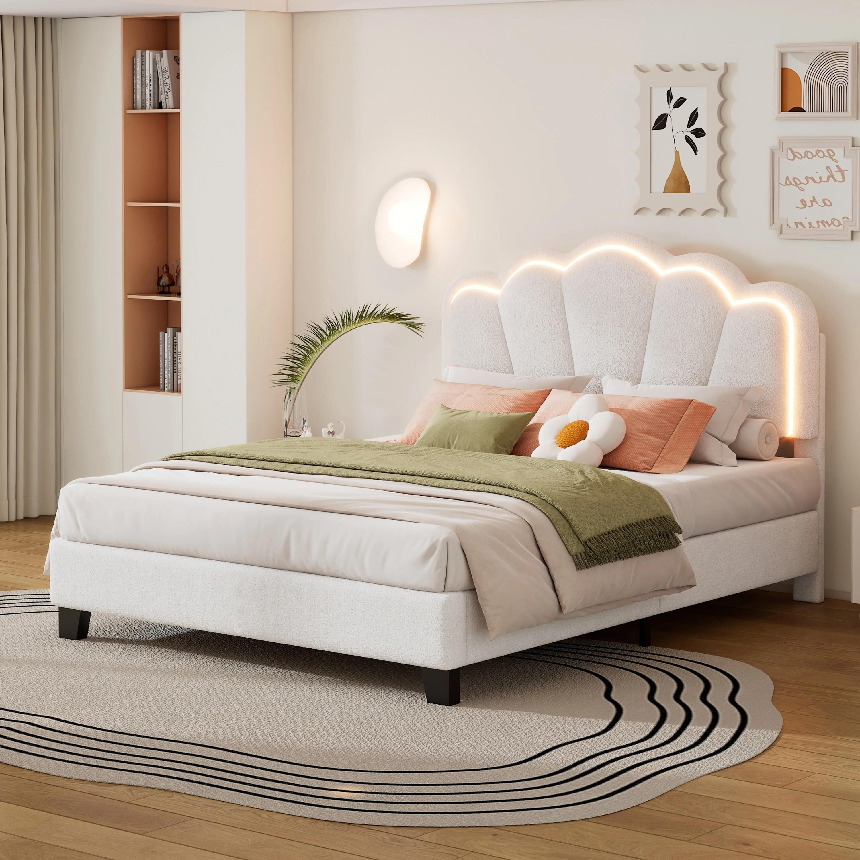 Upholstered Bed Platform Bed with Petal-Shaped Headboard Light Strip, Sherpa Fabric, Wood Slat Support No Box Spring Needed