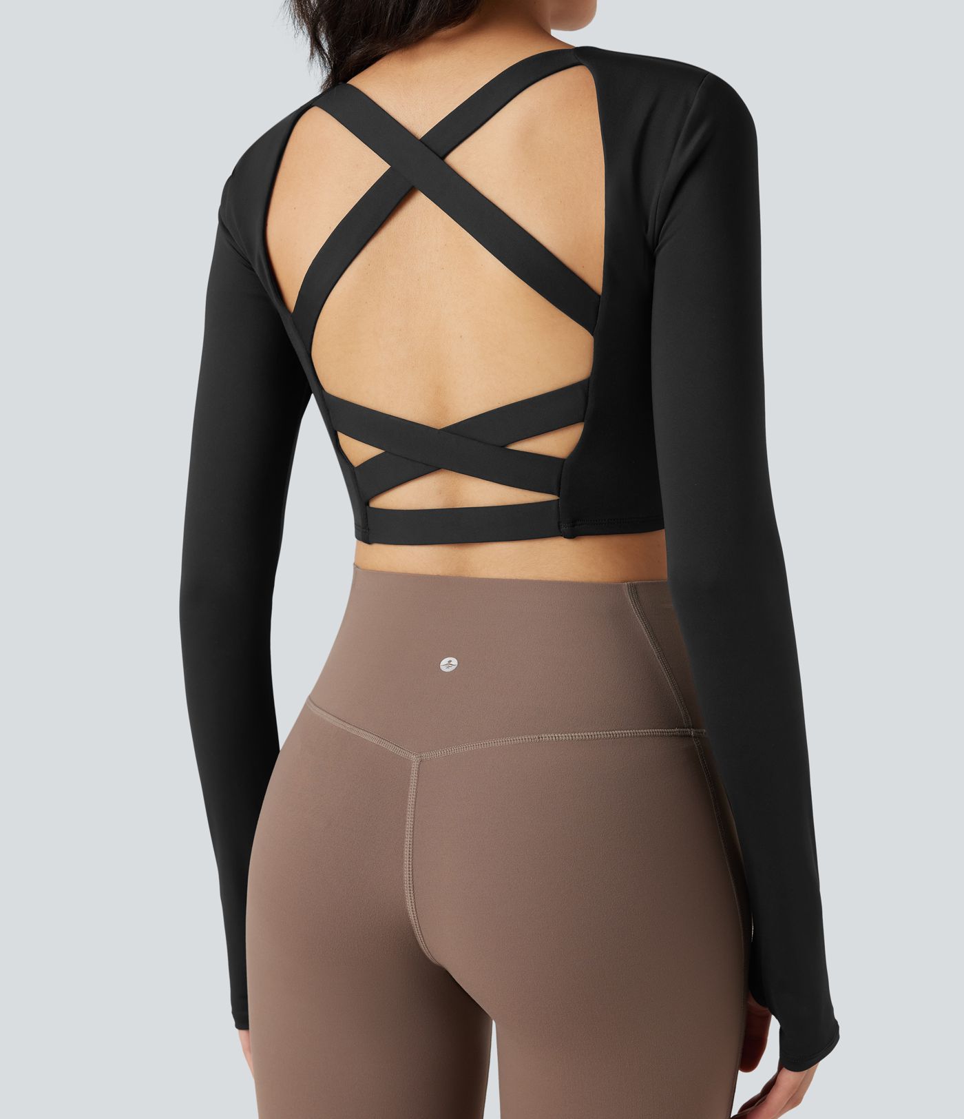 Haut de sport yoga court SoftlyZero™ Airy dos nu croisé col carré effet frais InstantCool manches longues avec passe-pouces, protection solaire UPF50