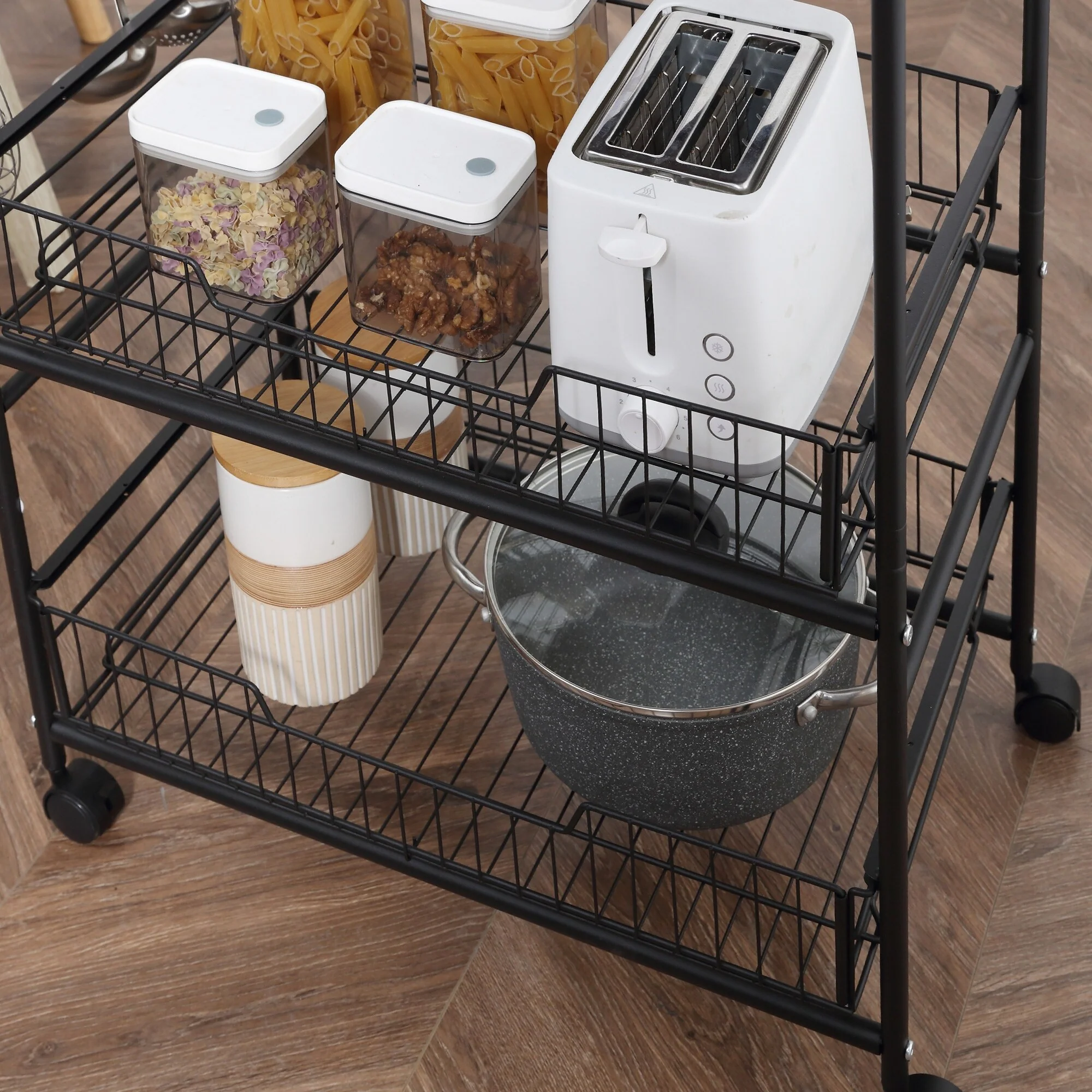 3 Tier Rolling Kitchen Cart with Wheels, 2 Sliding Fruit Basket, Microwave Cart with Side Hooks for Dining Room