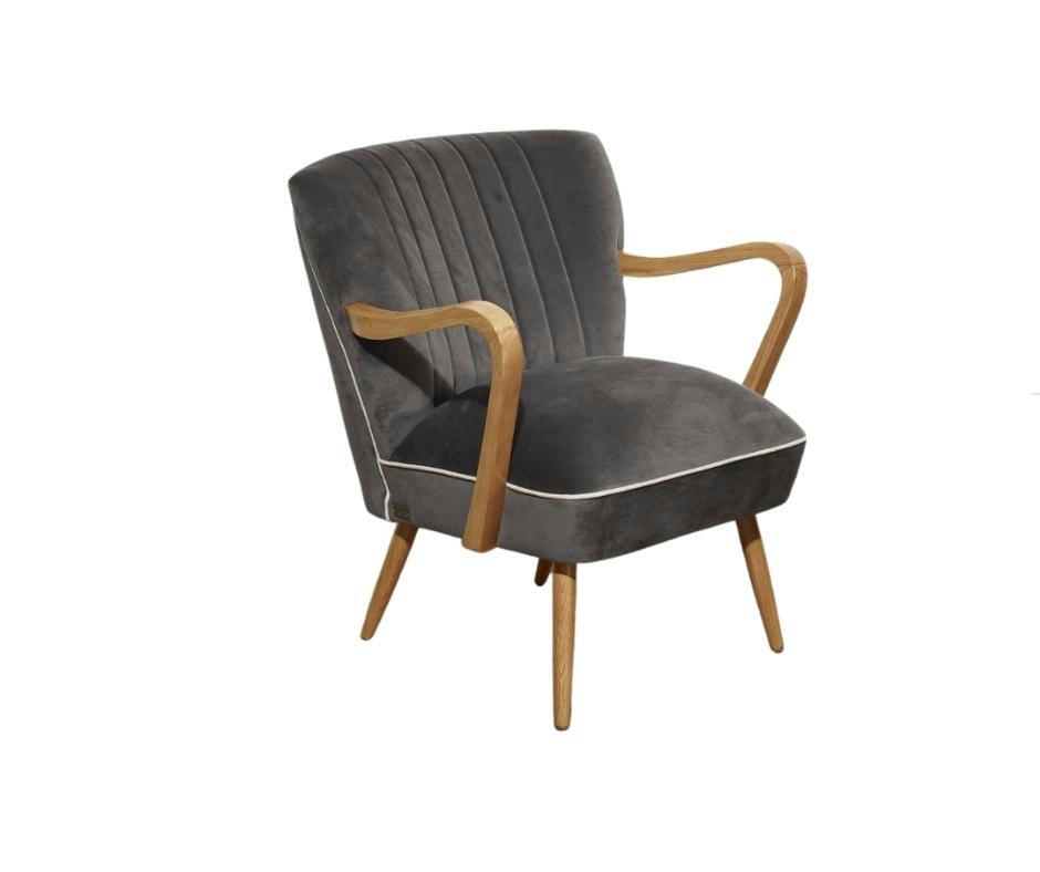 SIXTY - Fauteuil vintage en chêne et velours gris rhino
