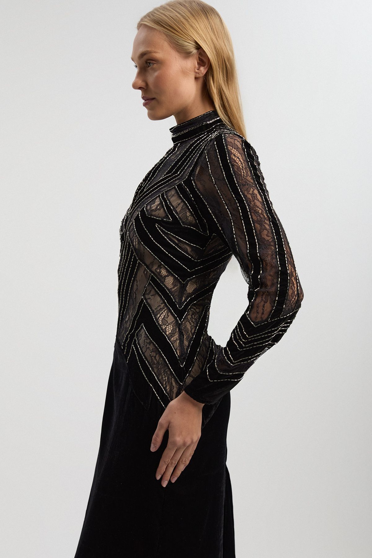 KarenMillen Velvet Embellished Long Sleeve Maxi Dress