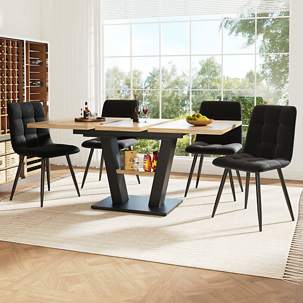ensemble Table et Chaises 5 Pièces- Table à Manger Extensible avec 4 Chaises,MDF et Velours - 118-157x70x75 cm - Noir/Naturel
