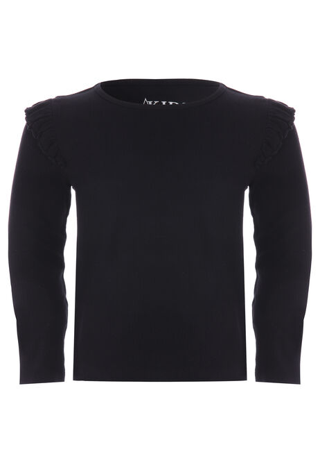 Younger Girls Black Frill Sleeve Top