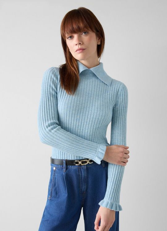 Cora Blue Frill Cuff CollaredSweater