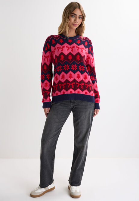 Womens Navy Bow Fairisle Christmas Jumper