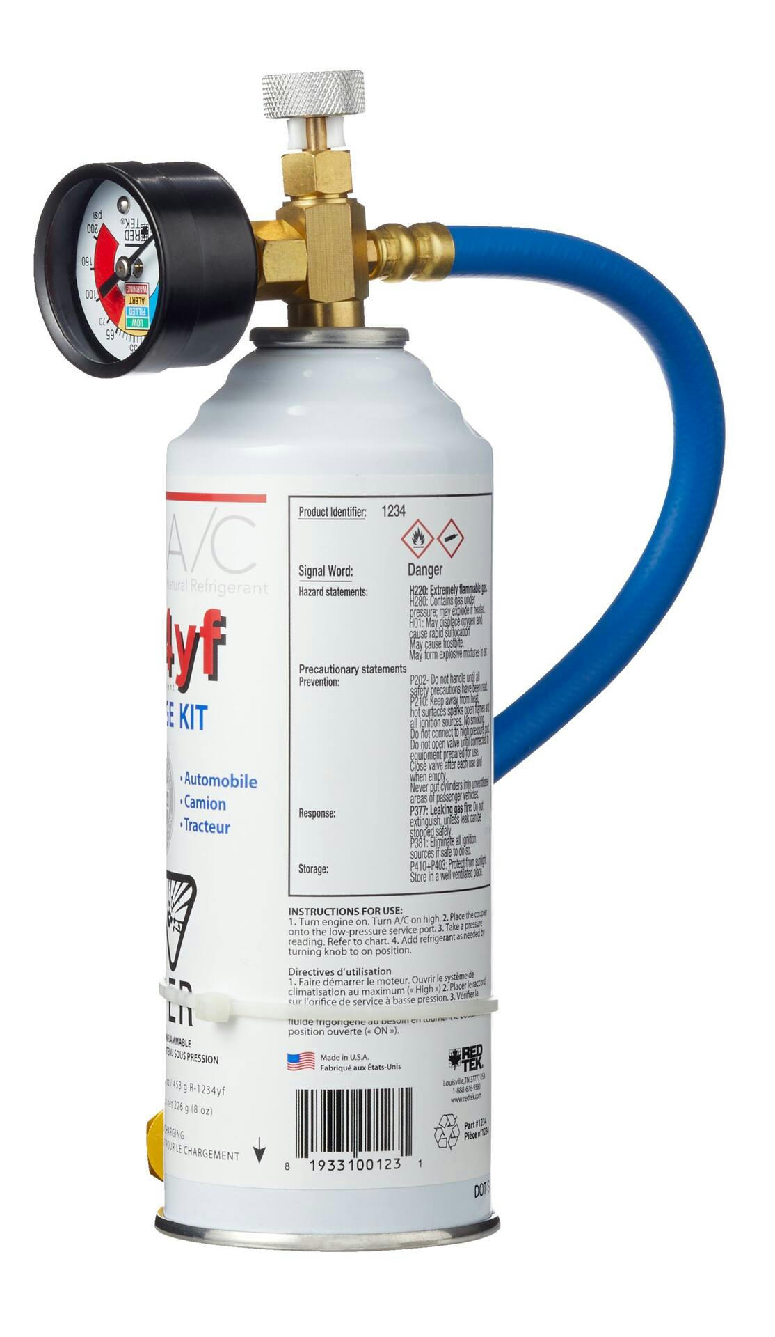 RED TEK R1234yfHc A/C Natural Refrigerant Kit with Gauge, Installation Hose & Low Side Coupler, 8-oz