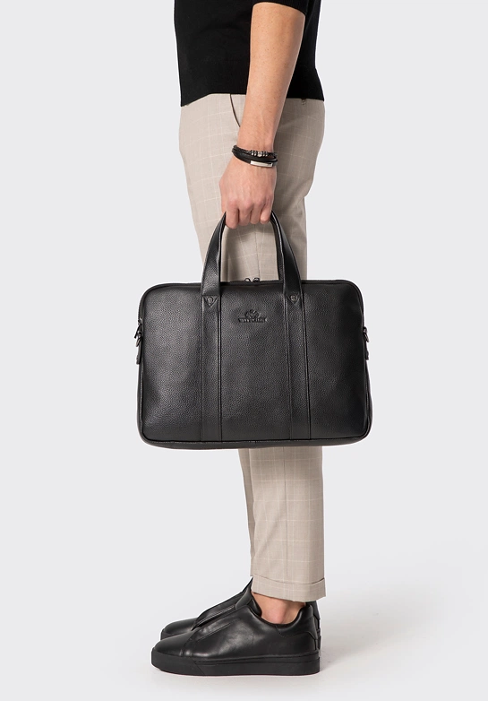 Dwukomorowa torba na laptopa 15” ze skóry naturalnej czarna