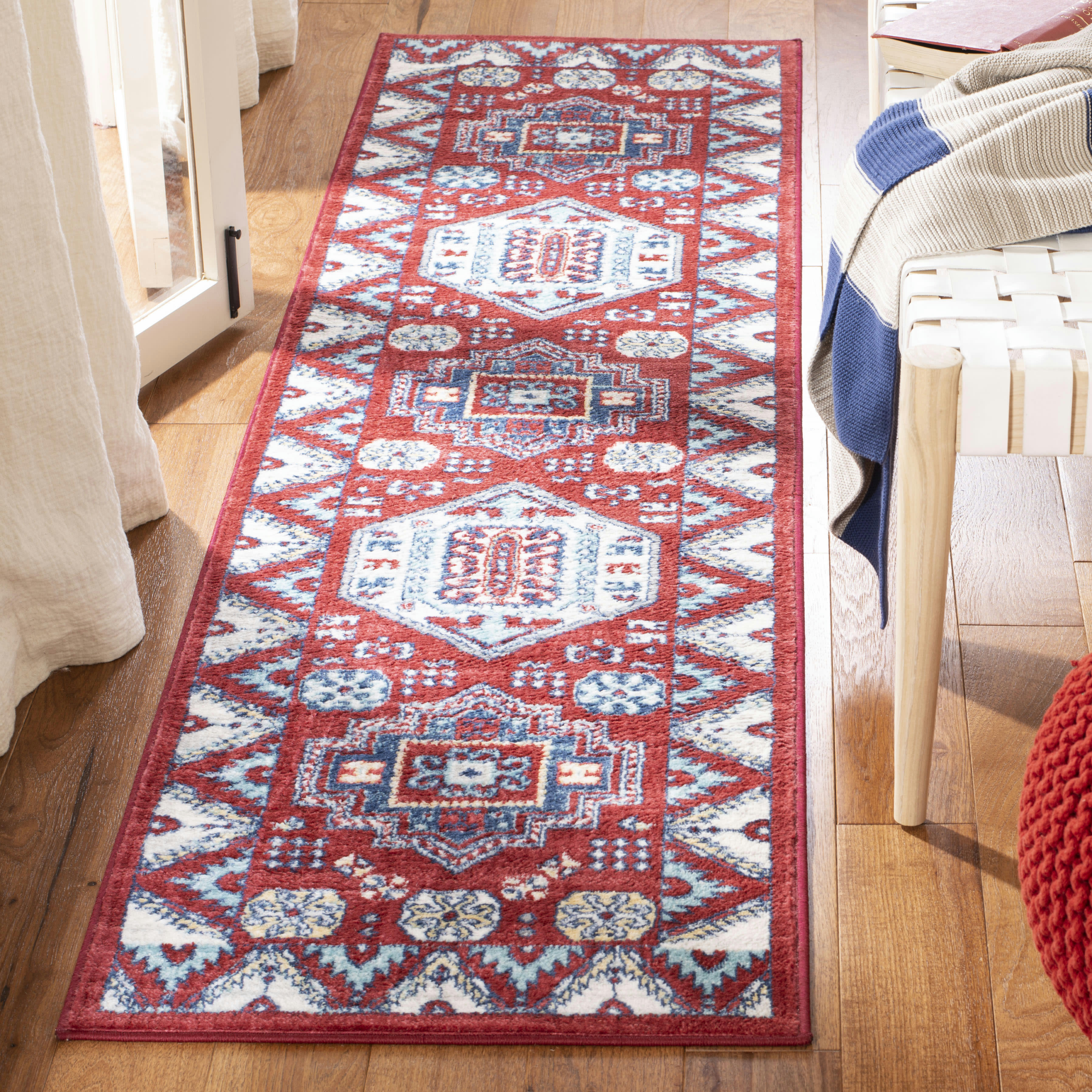 KAZAK - Tapis de salon interieur en rouge & bleu, 61 x 244 cm