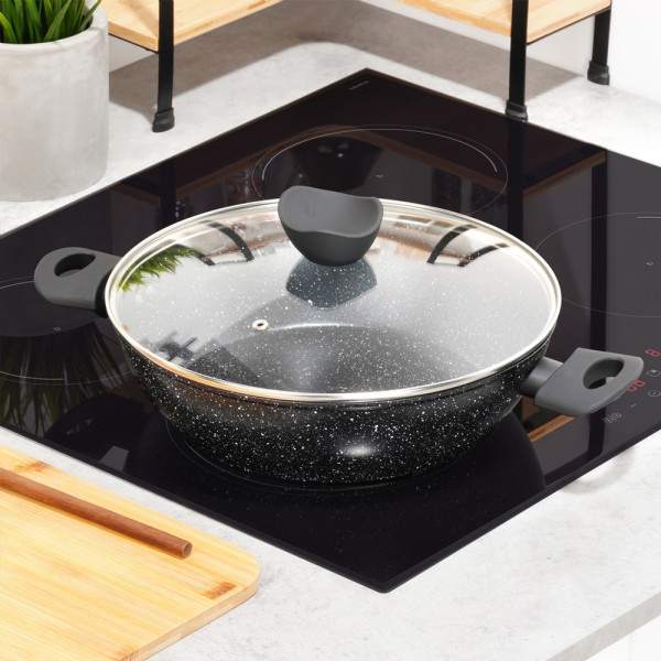 Patelnia granitowa głęboka ze szklaną pokrywką BLACK LINE 28 cm, 3,5 l