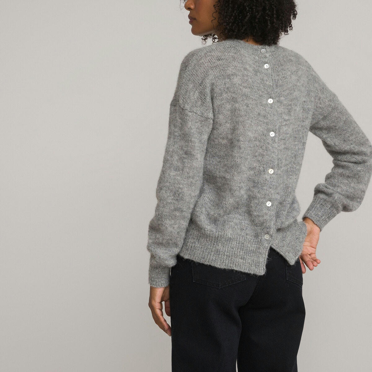 Pull col rond boutonné au dos, alpaga mélangé