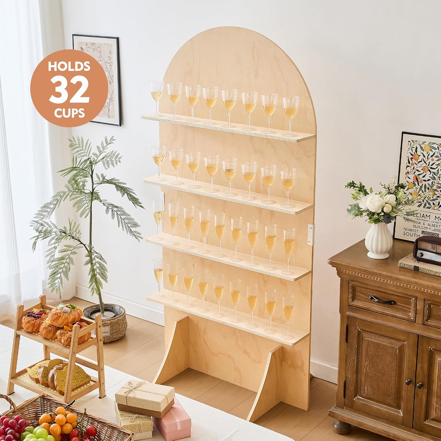 5.9 ft 4-Tier Champagne Wall Holder, Wooden Champagne Wall Holds 32 Flutes, Foldable Champagne Wall Display with Hinged Design for Wedding (Mortise & Tenon Version)