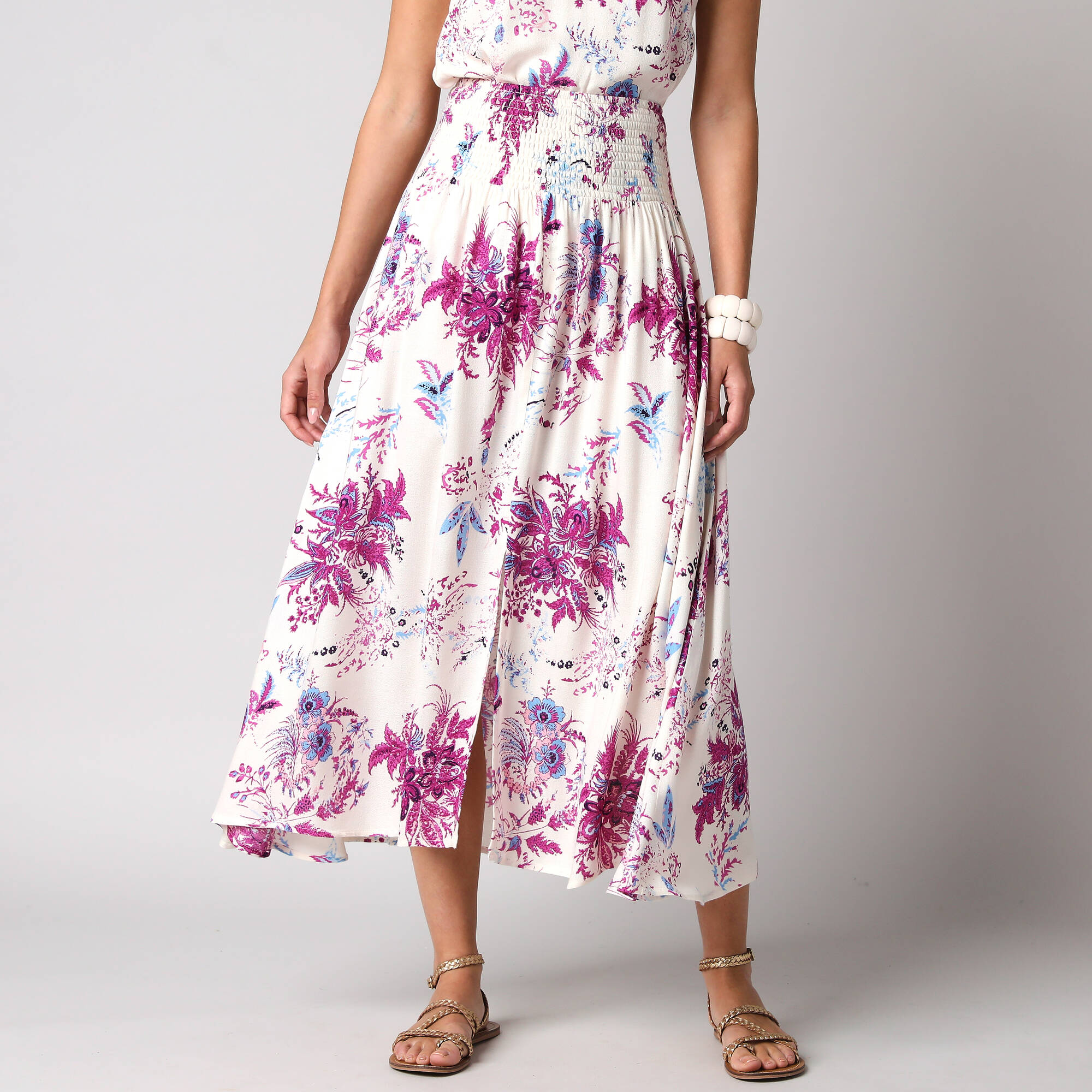 Jupe longue évasée imprimé floral, taille smockée