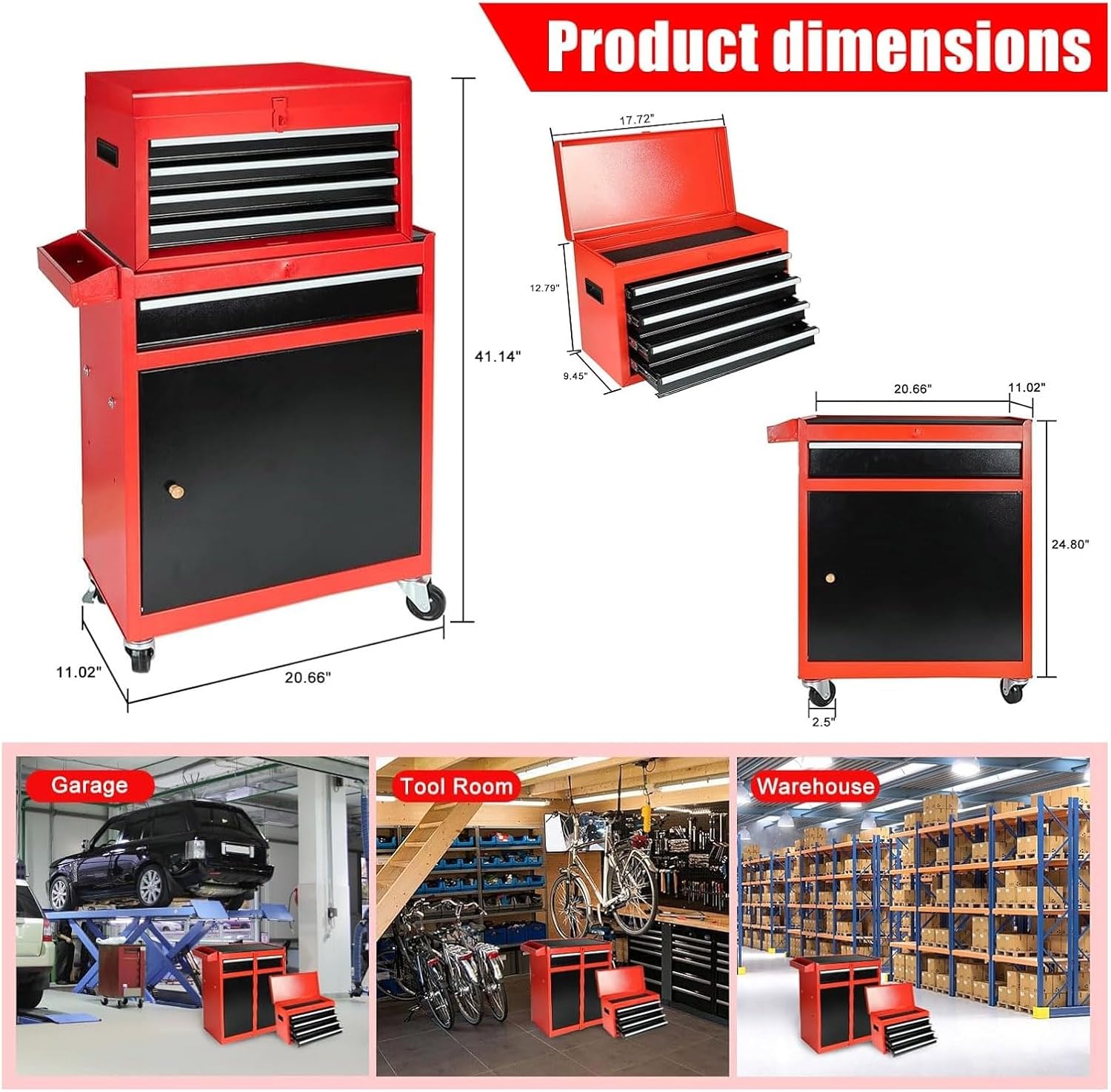 5-Drawer Rolling Tool Chest, 2 in 1 Tool Storage Cabinet with Detachable Top, Steel Tool Box with Wheels, Red and Black, Lockable, for Garage Workshop