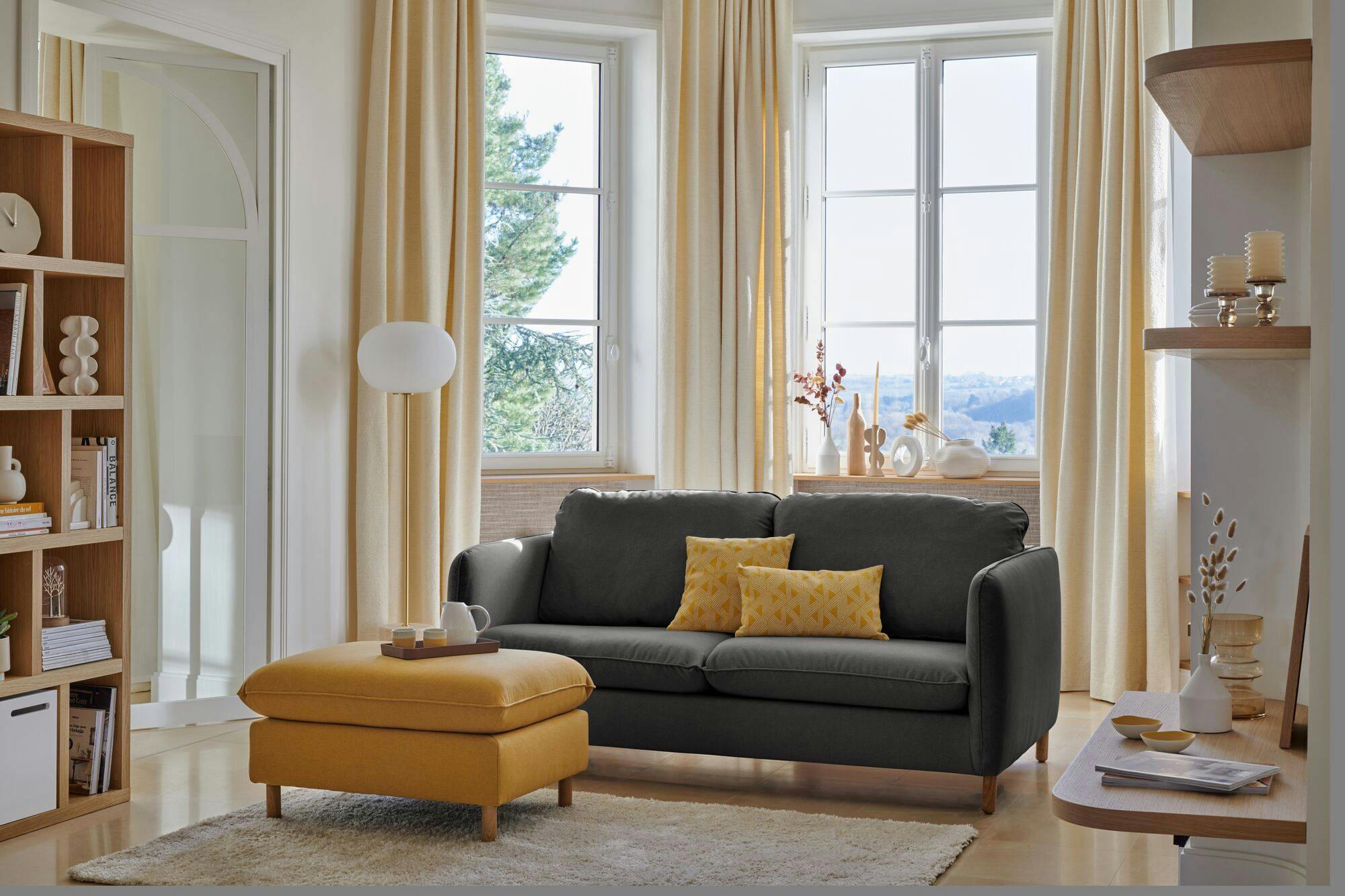 PORTIMO - Canapé convertible en tissu gris foncé