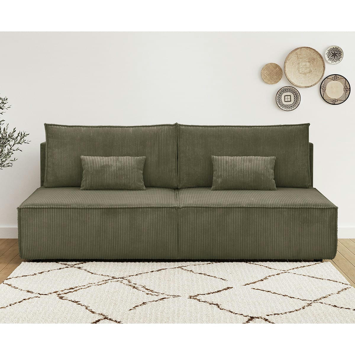 MILLA - Canapé convertible 3 places en velours côtelé vert kaki