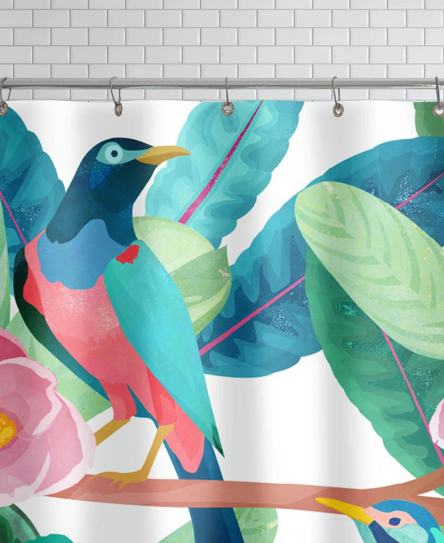 BIRDS - Rideau de douche en polyester en rose & turquoise 150x200