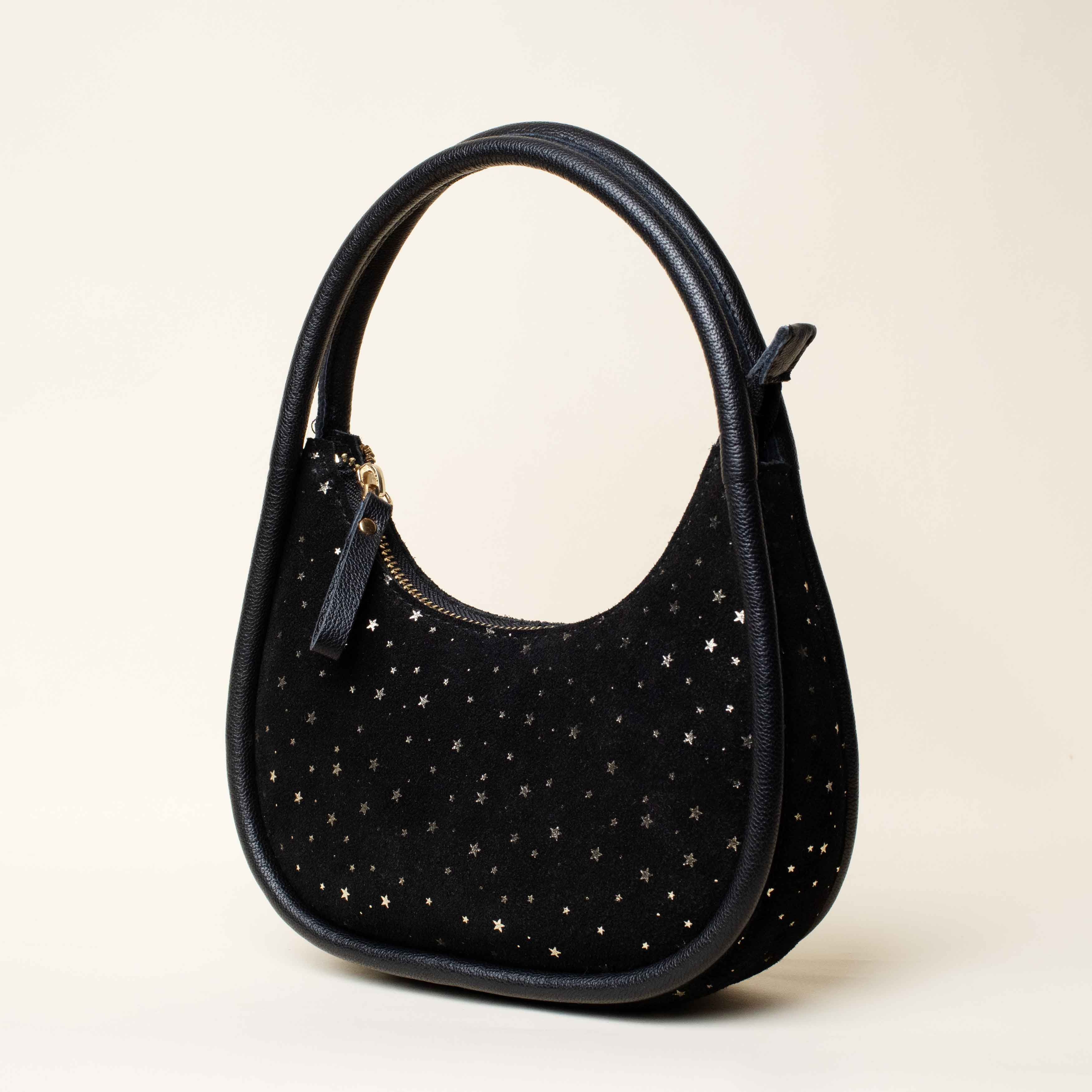 Assots London FESTIVE BAG' Black & Gold Star Sparkle Genuine Leather Shoulder Bag