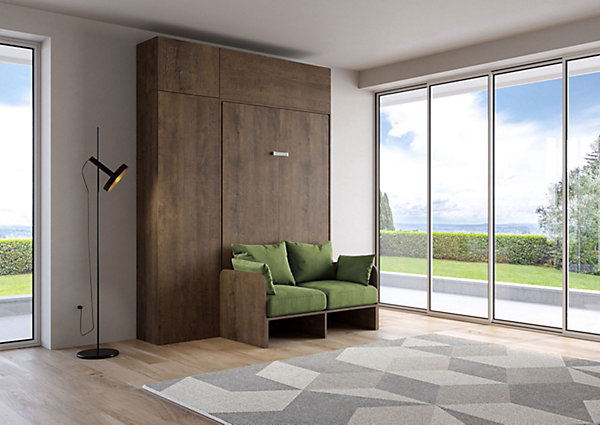 Lit queen-size escamotable Kentaro 120 cm avec canapé et meubles en noyer, vert