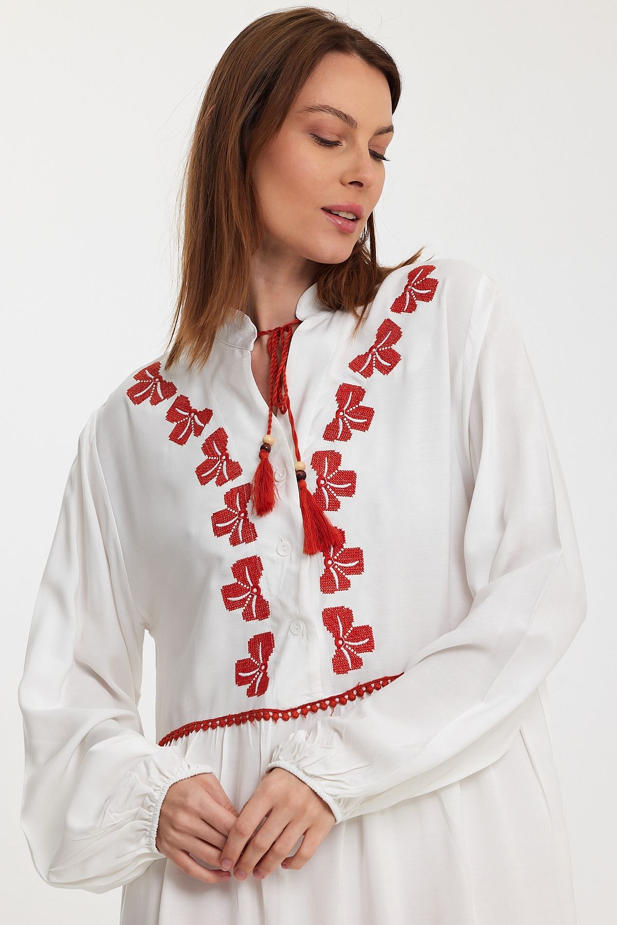 Belissh Embroidered Tiered Maxi Dress with Tassel Detail in White