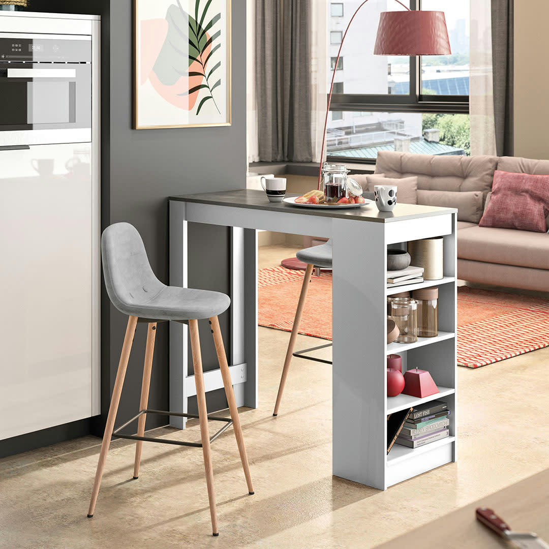 COCOON - Table bar effet bois blanc et béton - gris clair