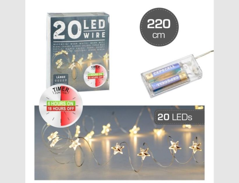 LED-Drahtlichterkette mit Sternen 20 LEDs warmweiß 2,20m