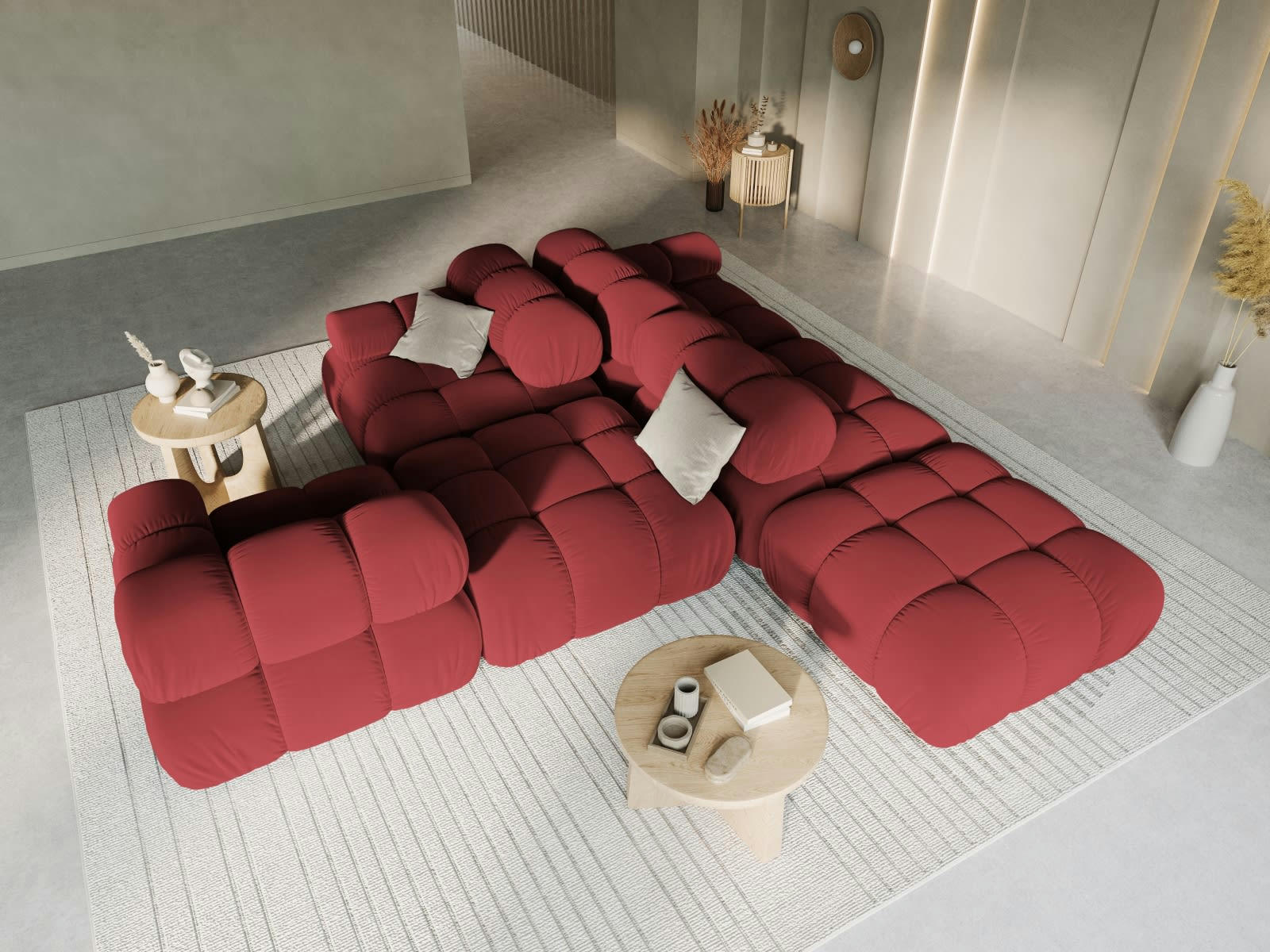BELLIS - Canapé modulable droit 4 places en tissu velours rouge foncé