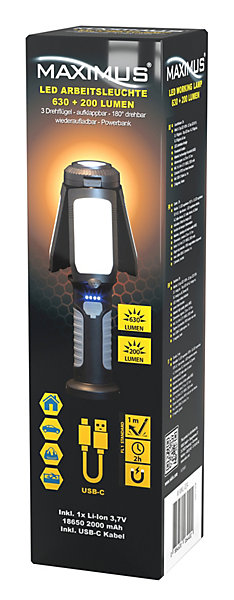 Lampe torche - MAXIMUS - Multifonctions - Rechargeable USB - 10 W - 630 lumens - IP20 - 3 ailes orientables