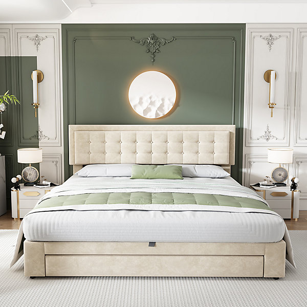 Lit coffre 180x200 cm - Lit coffre hydraulique avec 2 tiroirs et sommier à lattes - Velours - Sans Matelas - Beige