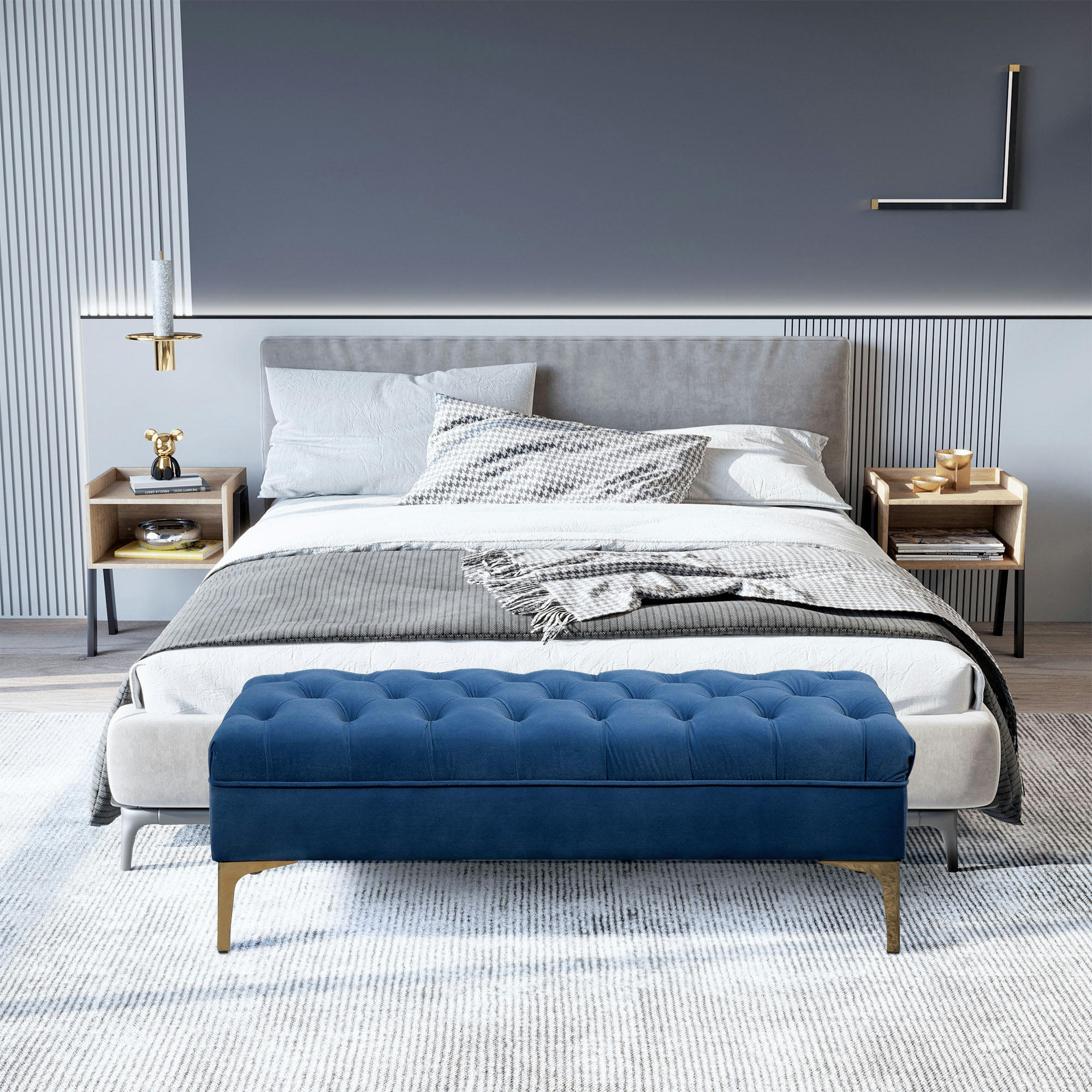 - Banc banquette capitonnée style classique chic doré velours bleu roi