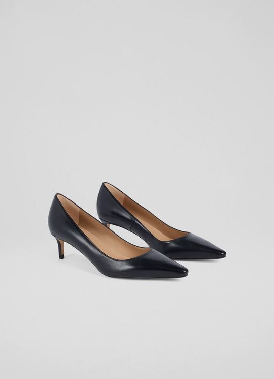 New Ava Black Leather Pointed Kitten Heel Court